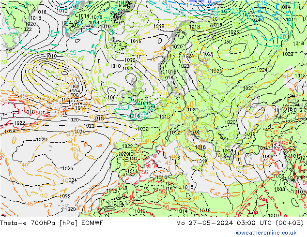 Theta-e 700гПа ECMWF пн 27.05.2024 03 UTC