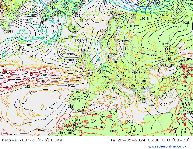 Theta-e 700hPa ECMWF mar 28.05.2024 06 UTC