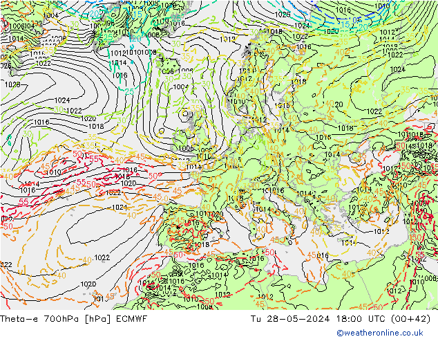 Theta-e 700hPa ECMWF Di 28.05.2024 18 UTC