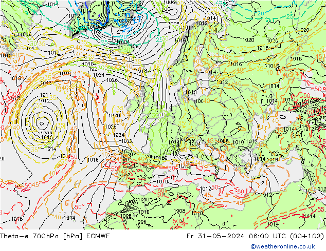 Theta-e 700hPa ECMWF vie 31.05.2024 06 UTC