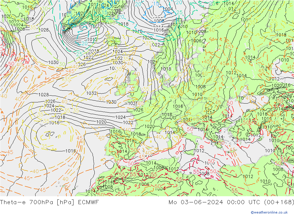 Theta-e 700hPa ECMWF Mo 03.06.2024 00 UTC