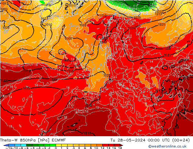 Theta-W 850hPa ECMWF Tu 28.05.2024 00 UTC