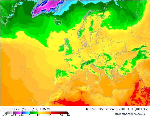 mapa temperatury (2m) ECMWF pon. 27.05.2024 03 UTC