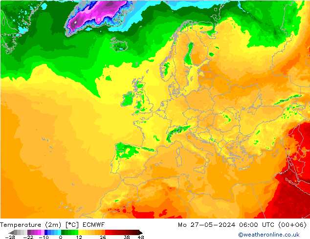 Temperature (2m) ECMWF Mo 27.05.2024 06 UTC