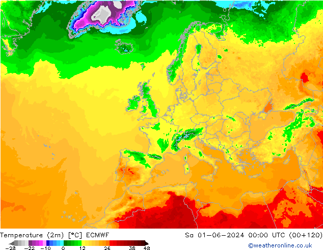 Temperatuurkaart (2m) ECMWF za 01.06.2024 00 UTC