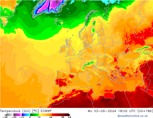 Temperature (2m) ECMWF Mo 03.06.2024 18 UTC