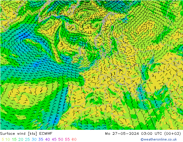 Vent 10 m ECMWF lun 27.05.2024 03 UTC