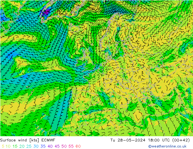 Vento 10 m ECMWF Ter 28.05.2024 18 UTC