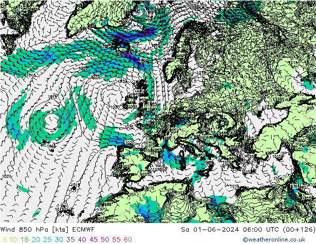 ветер 850 гПа ECMWF сб 01.06.2024 06 UTC