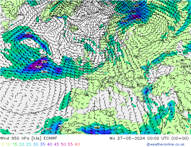 ветер 950 гПа ECMWF пн 27.05.2024 00 UTC