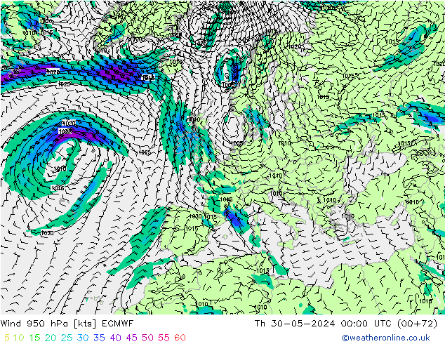 Wind 950 hPa ECMWF Th 30.05.2024 00 UTC