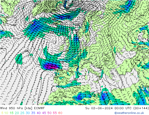 Wind 950 hPa ECMWF Ne 02.06.2024 00 UTC