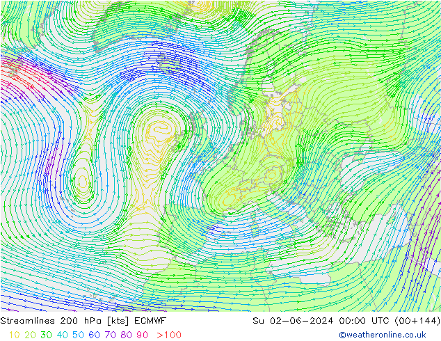 Streamlines 200 hPa ECMWF Su 02.06.2024 00 UTC