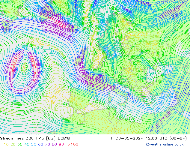 Ligne de courant 300 hPa ECMWF jeu 30.05.2024 12 UTC