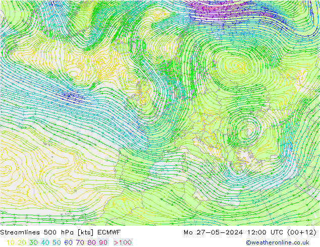 Streamlines 500 hPa ECMWF Po 27.05.2024 12 UTC