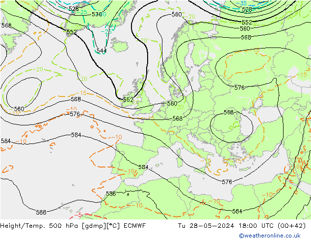 Height/Temp. 500 hPa ECMWF Di 28.05.2024 18 UTC