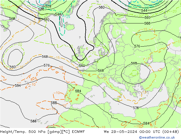 Z500/Rain (+SLP)/Z850 ECMWF mer 29.05.2024 00 UTC