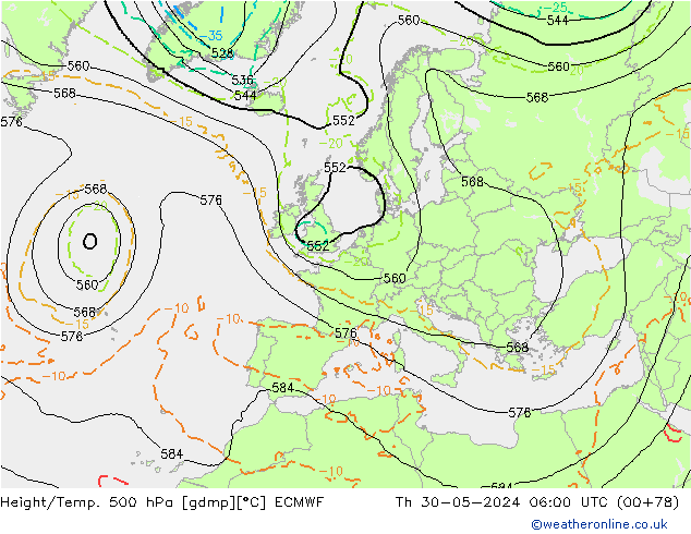 Z500/Rain (+SLP)/Z850 ECMWF Th 30.05.2024 06 UTC