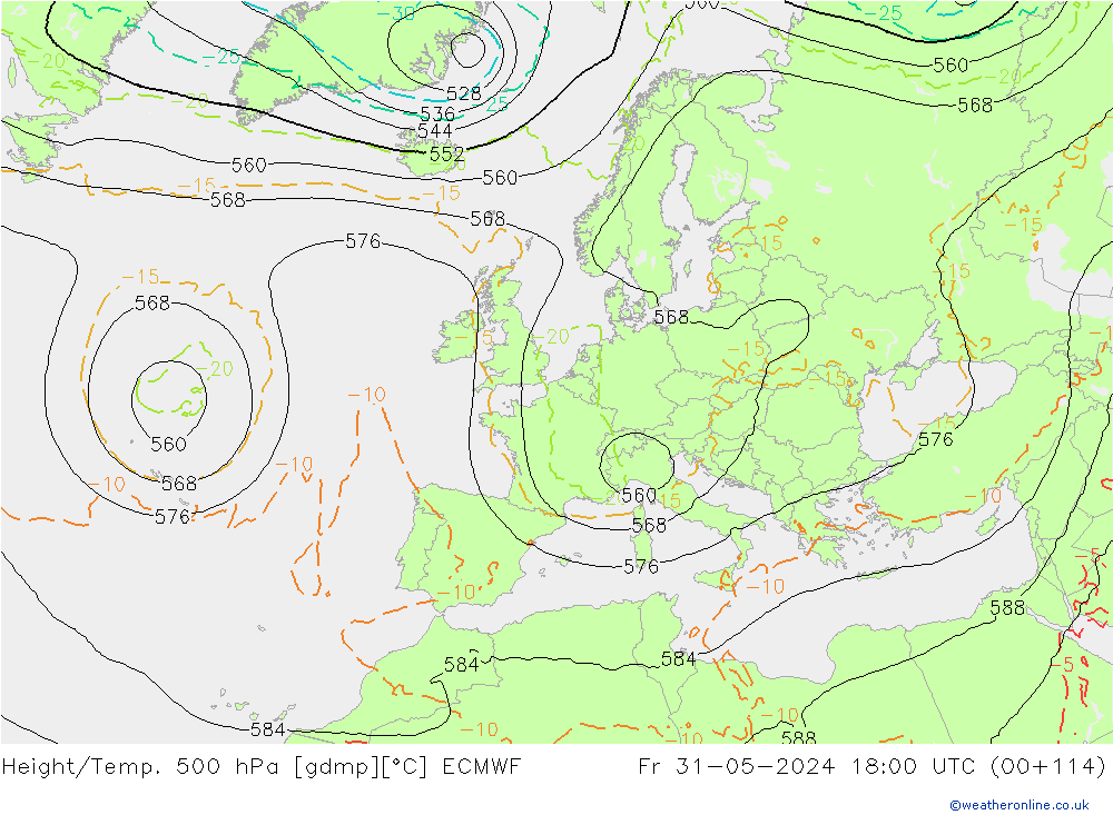 Z500/Rain (+SLP)/Z850 ECMWF Fr 31.05.2024 18 UTC