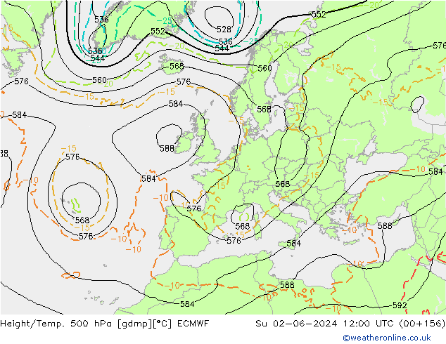 Z500/Rain (+SLP)/Z850 ECMWF dom 02.06.2024 12 UTC