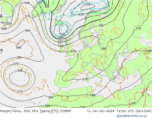 Z500/Rain (+SLP)/Z850 ECMWF Tu 04.06.2024 12 UTC