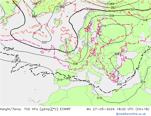 Height/Temp. 700 hPa ECMWF lun 27.05.2024 18 UTC