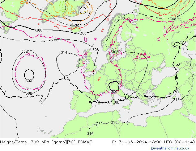 Height/Temp. 700 hPa ECMWF Fr 31.05.2024 18 UTC