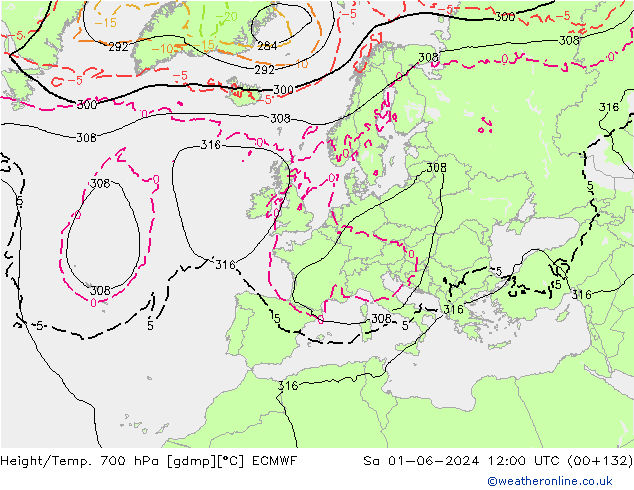 Hoogte/Temp. 700 hPa ECMWF za 01.06.2024 12 UTC