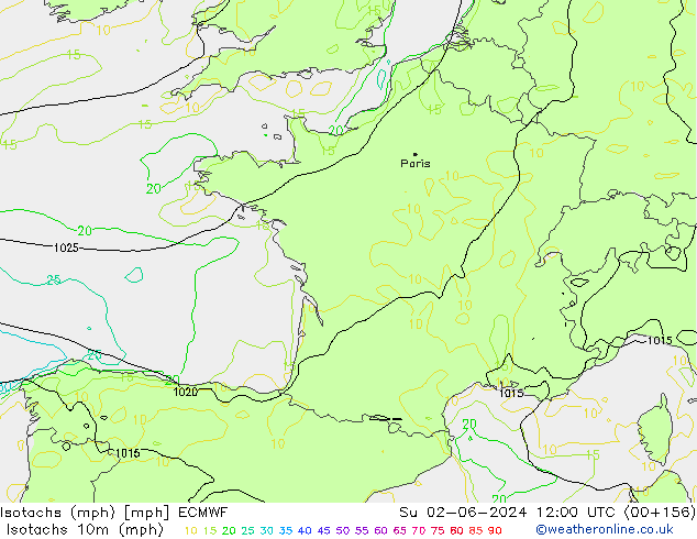 Isotachs (mph) ECMWF Ne 02.06.2024 12 UTC