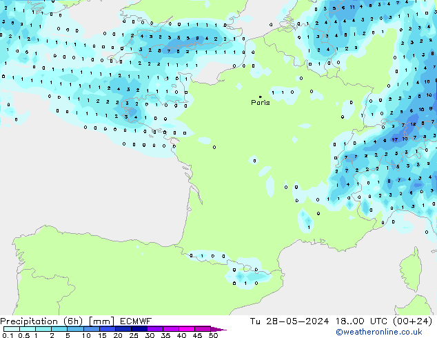 Precipitation (6h) ECMWF Út 28.05.2024 00 UTC