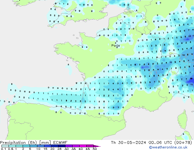 Precipitación (6h) ECMWF jue 30.05.2024 06 UTC