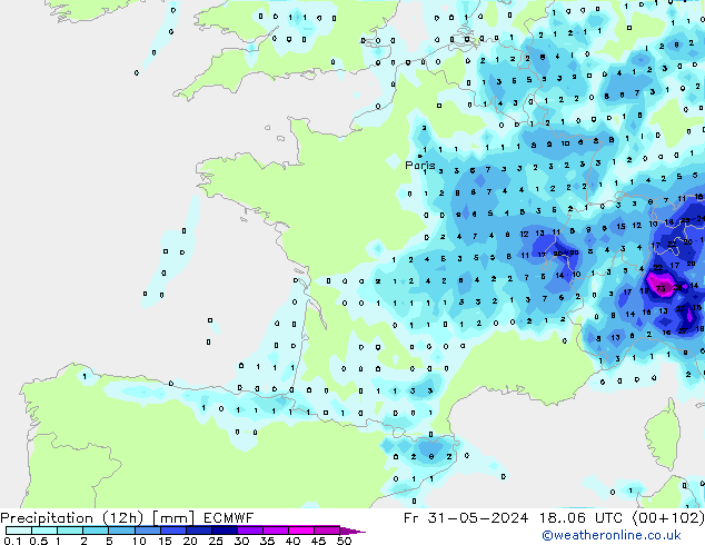 Precipitation (12h) ECMWF Pá 31.05.2024 06 UTC