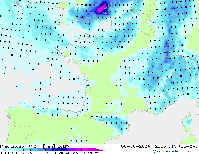 Precipitação (12h) ECMWF Qui 06.06.2024 00 UTC