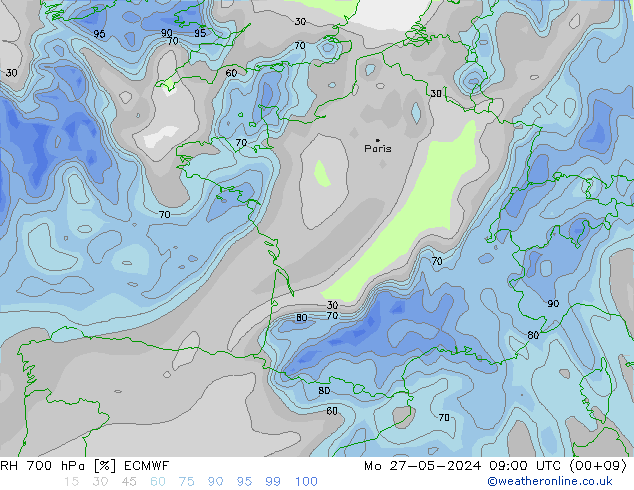 RH 700 hPa ECMWF Po 27.05.2024 09 UTC