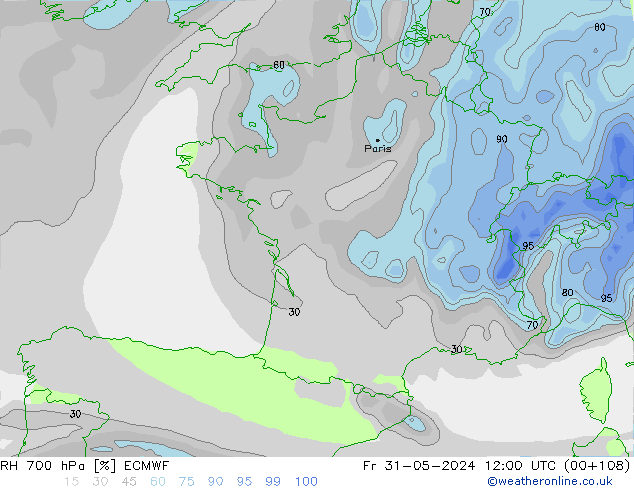 RH 700 hPa ECMWF Fr 31.05.2024 12 UTC