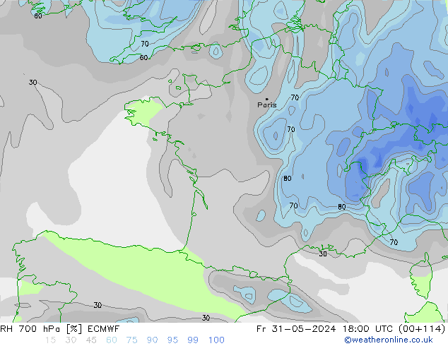 RH 700 hPa ECMWF Pá 31.05.2024 18 UTC