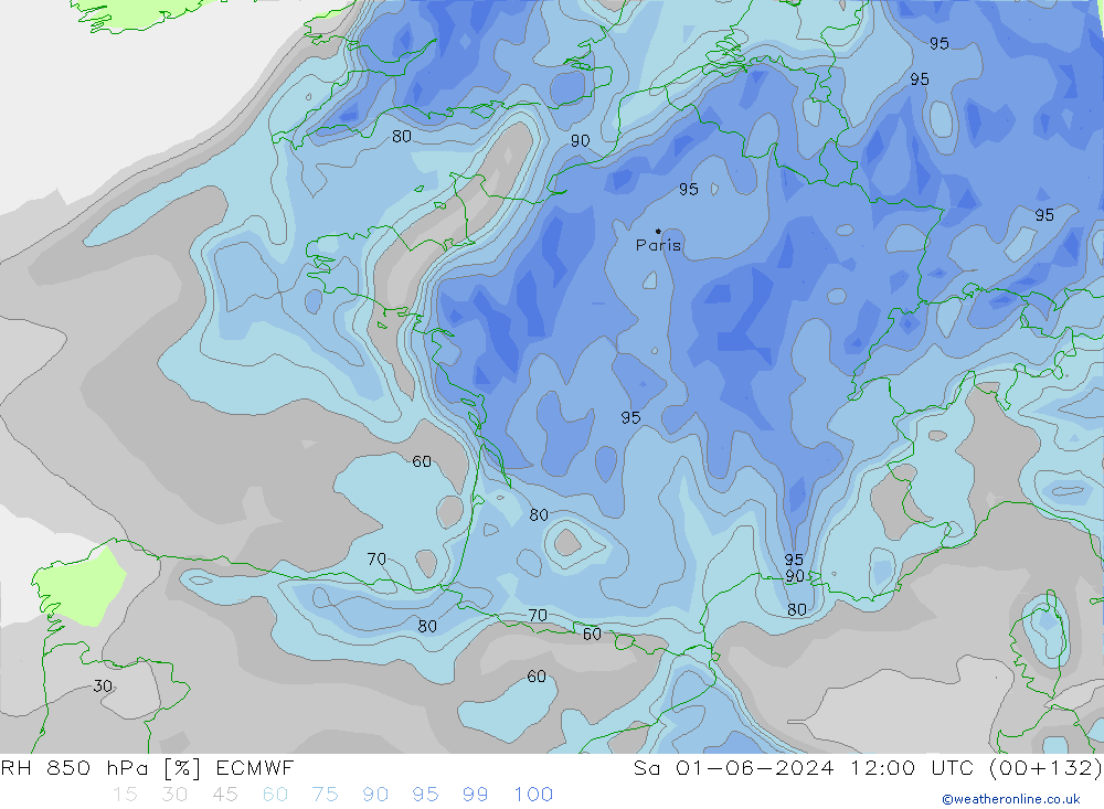 RH 850 hPa ECMWF sab 01.06.2024 12 UTC