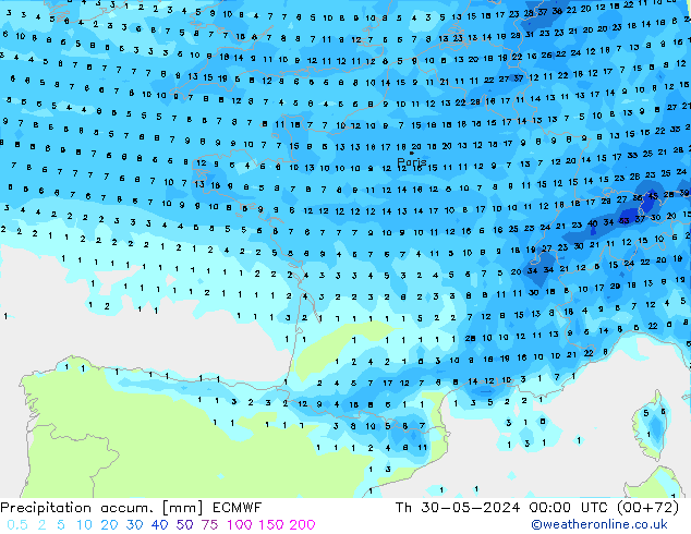 Totale neerslag ECMWF do 30.05.2024 00 UTC