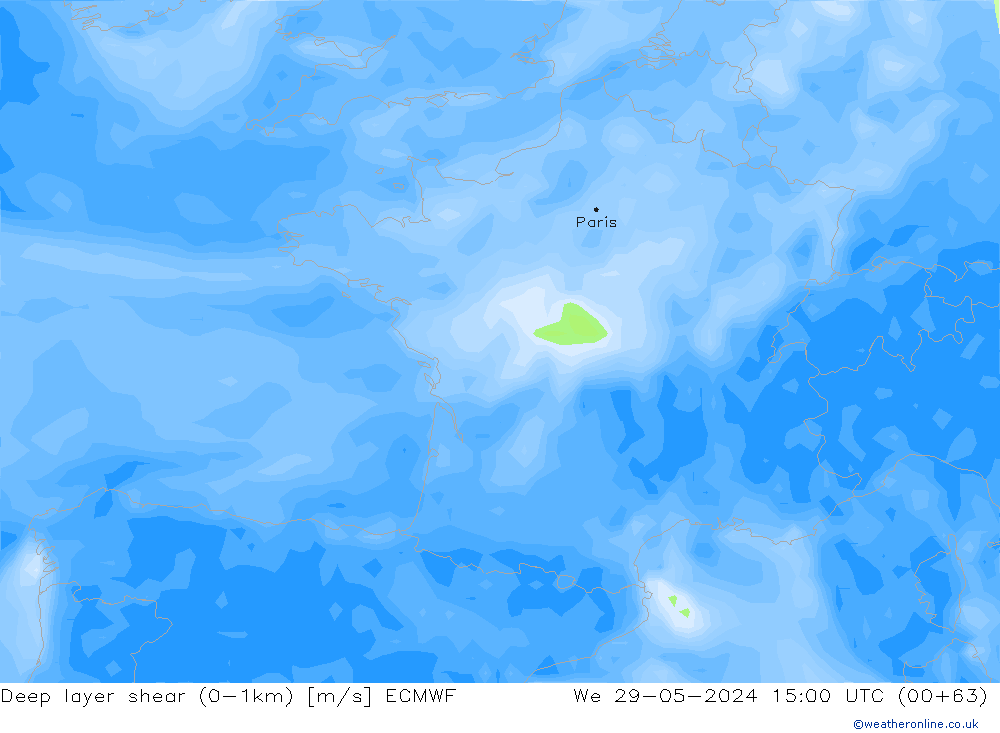 Deep layer shear (0-1km) ECMWF We 29.05.2024 15 UTC