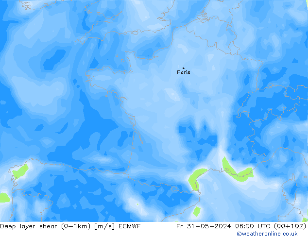 Deep layer shear (0-1km) ECMWF Fr 31.05.2024 06 UTC