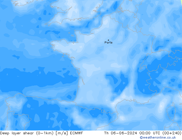 Deep layer shear (0-1km) ECMWF Qui 06.06.2024 00 UTC