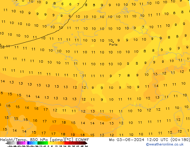 Geop./Temp. 850 hPa ECMWF lun 03.06.2024 12 UTC