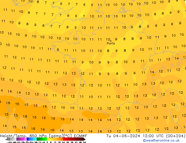 Height/Temp. 850 hPa ECMWF  04.06.2024 12 UTC