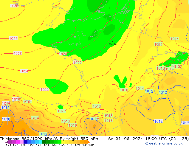 Thck 850-1000 hPa ECMWF sab 01.06.2024 18 UTC