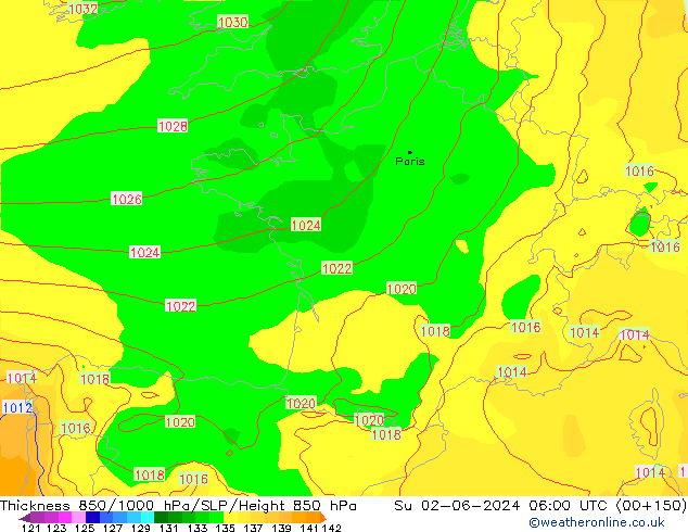 Thck 850-1000 гПа ECMWF Вс 02.06.2024 06 UTC