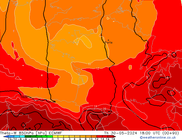 Theta-W 850hPa ECMWF czw. 30.05.2024 18 UTC