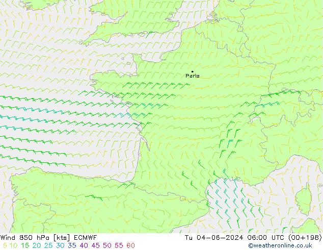 Wind 850 hPa ECMWF Tu 04.06.2024 06 UTC