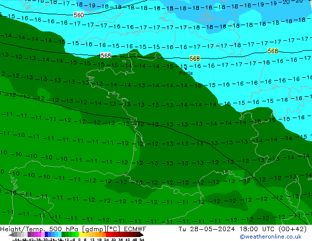 Height/Temp. 500 hPa ECMWF Tu 28.05.2024 18 UTC