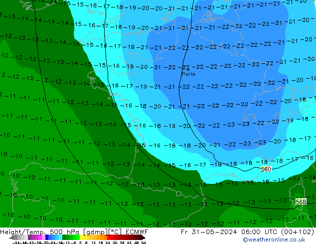 Z500/Rain (+SLP)/Z850 ECMWF Fr 31.05.2024 06 UTC