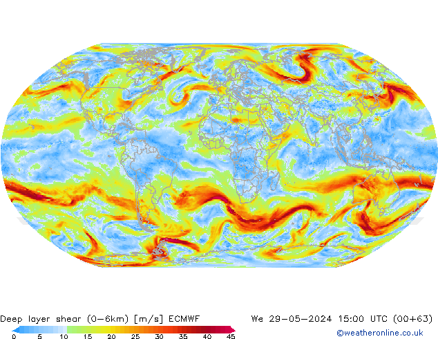 Deep layer shear (0-6km) ECMWF We 29.05.2024 15 UTC